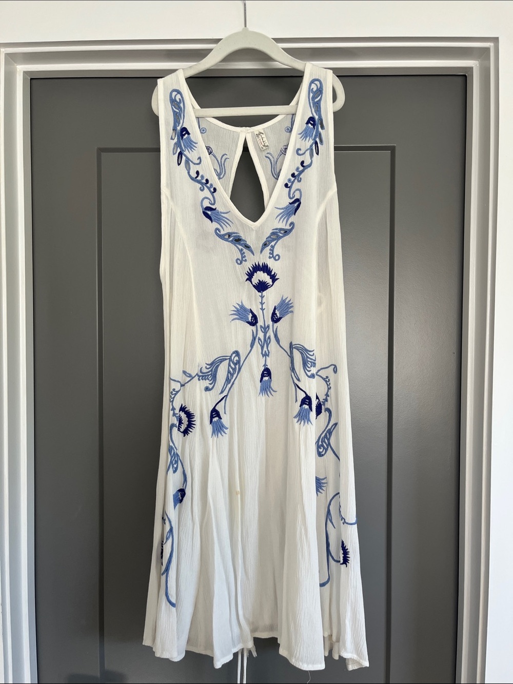 Free People White Sleeveless Embroidered Dress with Blue Floral Accents